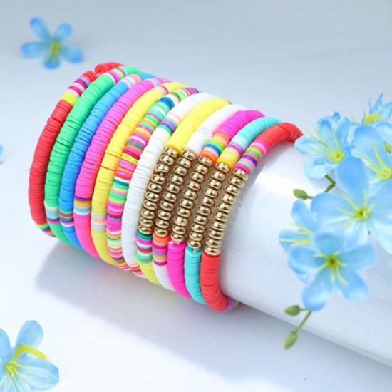 12Pcs Heishi Surfer Bracelets For Women Colorful Friendship Vsco Boho Bead Bracelet Stackable Rainbow Bracelet Polymer Clay Elastic Rope Bracelet Summer Beach Jewelry